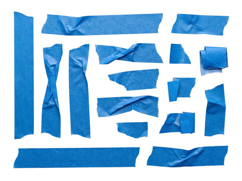 Assorted blue painter's tape pieces, some crumpled and torn, isolated on a transparent background.