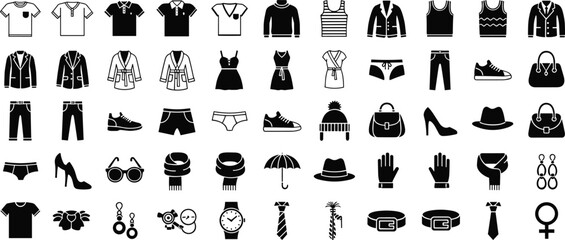 Obraz premium Collection of clothing and accessories icons isolated on transparent background fashion vector set.