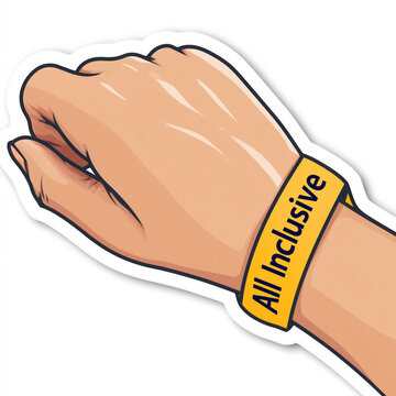 Yellow wristband on caucasian hand with 'all inclusive' text