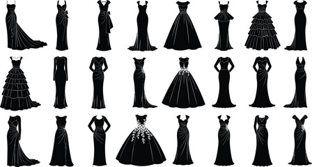 Fototapeta premium Collection of black dresses on display, fashion silhouettes against checkered background.