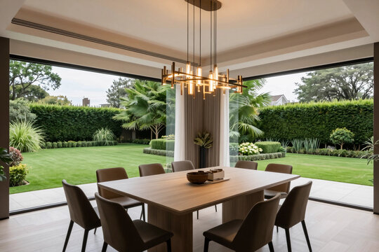 Modern dining room with large glass windows.