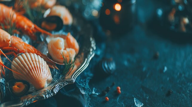 Luxury seafood platter on a silver tray with lobster tail, scallops, king prawns and mussels, elegant restaurant presentation with dark moody lighting