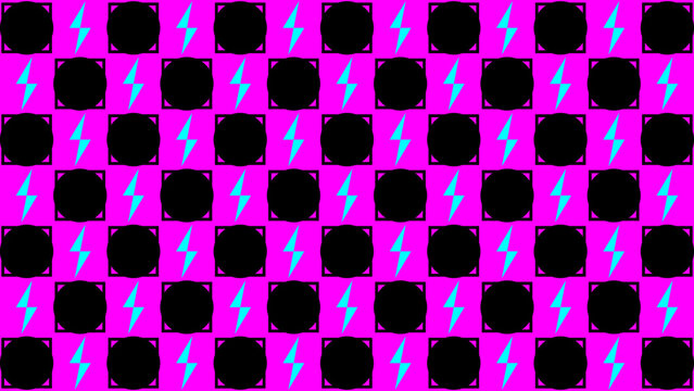 Vibrant pink pattern with black circles and cyan lightning bolts