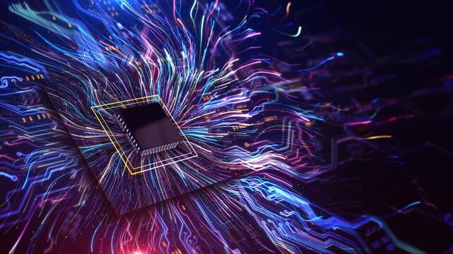 AI Processor Chip Data Energy Flow Digital Technology Artificial intelligence chip emitting data energy streams. AI, machine learning, computing power, digital processing futuristic technology visuals