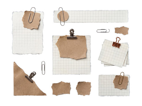 Isolated blank paper notes: grid, kraft, and textured, with various metal clips for design.
