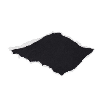 Torn black paper piece isolated on a white background with ragged edges, a blank textured design element.