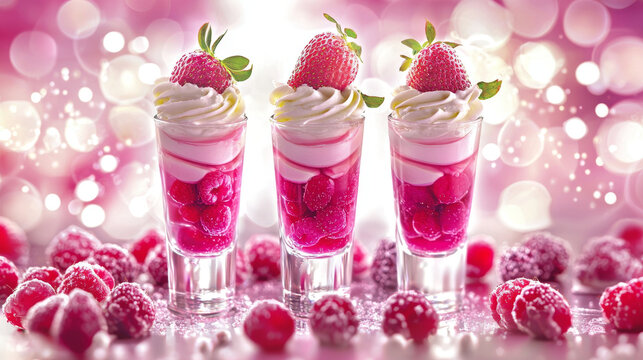 Three vibrant layered desserts in glasses, topped with whipped cream and strawberries, surrounded by sugared raspberries and pink bokeh lights