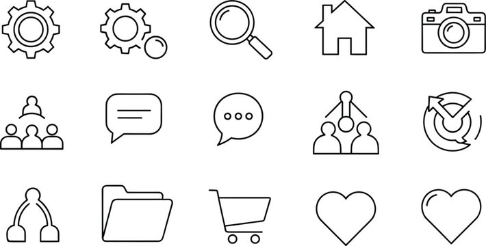 Minimal outline user interface icon set featuring communication navigation social and shopping elements for web apps mobile design and digital use