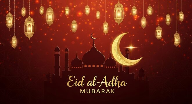 Celebratory eid al-adha greetings with hanging lanterns and crescent moon