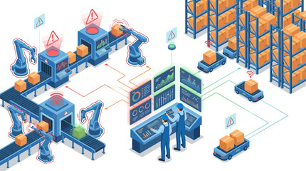 Obraz premium Isometric Smart Warehouse Automation with Robotic Arms and Workers Monitoring Digital Supply Chain Logistics, Industry 4.0 Concept for Industrial Manufacturing and Distribution Center Management