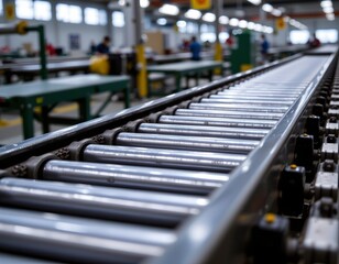 Naklejka premium Closeup Modern Industrial Conveyor System with Metal Rollers