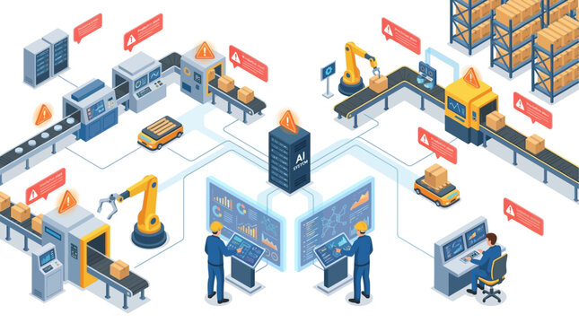 Isometric Smart Factory with AI Automation, Robotic Arms, and Warehouse Logistics Management System for Digital Transformation and Industrial 4.0 Business Presentation