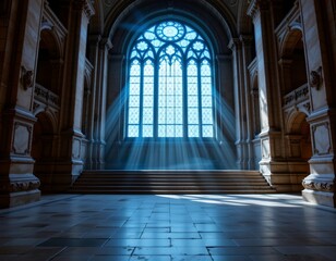 Obraz premium Mystical Medieval Hall with Blue Light and Stained Glass
