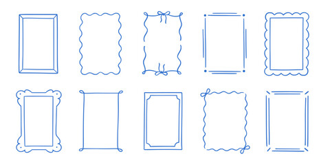 Naklejka na ściany i meble Frame border hand drawn line set. Frame border line hand drawn doodle rectangle vintage wavy bow picture. Cute whimsical decoration scallop squiggly curly wedding invitation. Vector illustration