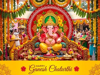 Naklejka premium Lord Ganesha Statue with Decorations for Ganesh Chaturthi Festival
