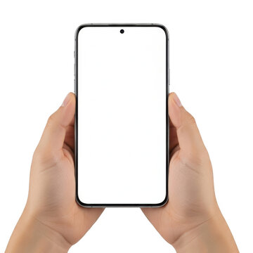 Hand holding a blank smartphone screen isolated on transparent background,png