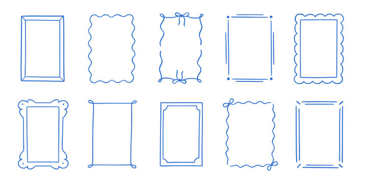 Frame border hand drawn line set. Frame border line hand drawn doodle rectangle vintage wavy bow picture. Cute whimsical decoration scallop squiggly curly wedding invitation. Vector illustration