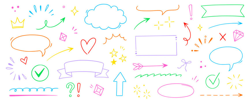 Hand drawn cute frame, arrow, star line set. Frame line hand drawn arrow doodle icon star border rectangle underline. Cute vintage heart bow lace sketch sticker label design. Vector illustration
