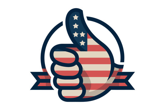 American flag thumbs up vector illustration. patriotic hand gesture symbol with stars and stripes emblem isolated on white background.
