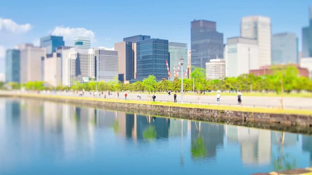 皇居外苑から望む丸の内ビジネス街　タイムラプス　シフトレンズ逆アオリ