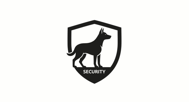 A black dog silhouette stands within a shield emblem for security