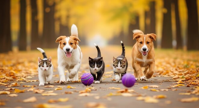 Playful pets, two cats and two dogs, chase after two bouncing balls on a fallen leaf path