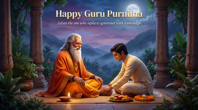 Guru Purnima Ceremony: An illustration depicting a traditional Guru Purnima scene, a guru with his disciple and celebrating the power of knowledge 