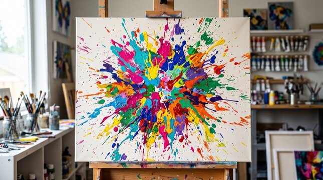 Vibrant abstract explosion of colorful paint splatters on canvas in an artist's studio, celebrating creativity and artistic expression