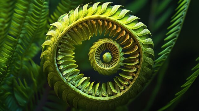 Detailed close-up of a spiraling fern frond