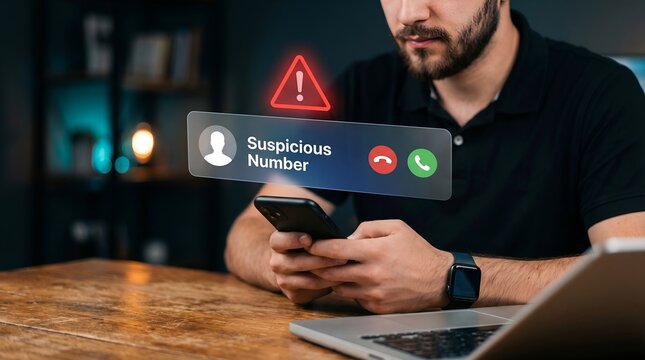 Suspicious Number Phone Call Warning Alert Notification on Smartphone Screen with Red Triangle Caution Sign Man Using Phone and Laptop