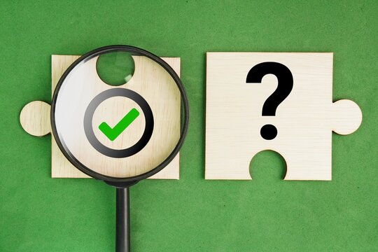 Puzzle and Magnifying glass with right or true and question mark symbol. symbolizing investigation, validation, inquiry, or seeking truth. research, decision-making, fact-checking, and analysis