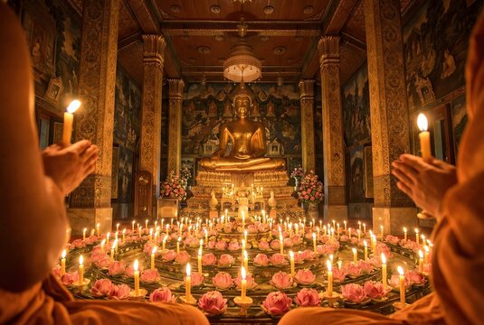 Atmospheric shot of rows of glowing candles and lotus flowers arranged around a golden Buddha statue base inside a Thai temple at night, edge of monks' saffron robes visible in soft focus foreground.