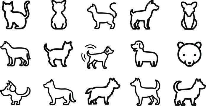 Dog pet line icon set featuring different canine poses standing walking barking sitting and domestic animal illustration collection