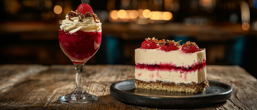 Vibrant red berry parfait and a creamy strawberry cheesecake slice on a rustic wooden table with blurred warm lights