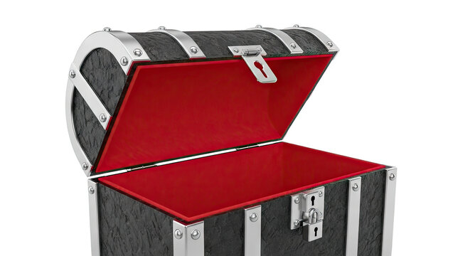 Open antique treasure chest with red interior and metal accents