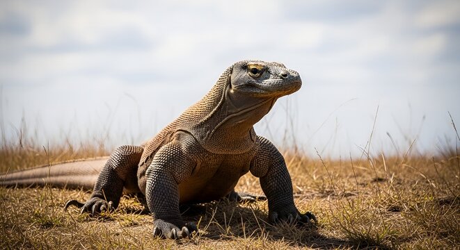 Komodo dragon standing alert in dry savannah grass