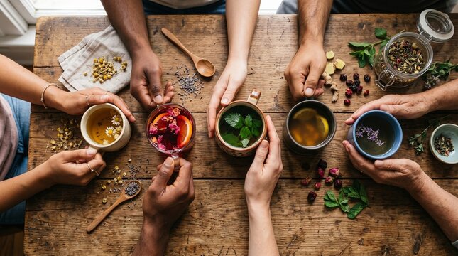 Diverse group of friends sharing a moment of wellness with various colorful cups of herbal tea on a rustic wooden table