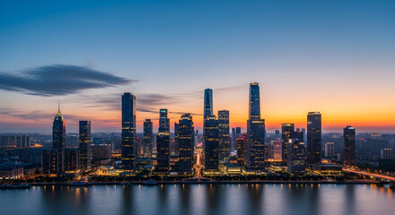 Naklejka premium Moscow city skyline at sunset a modern architectural panorama
