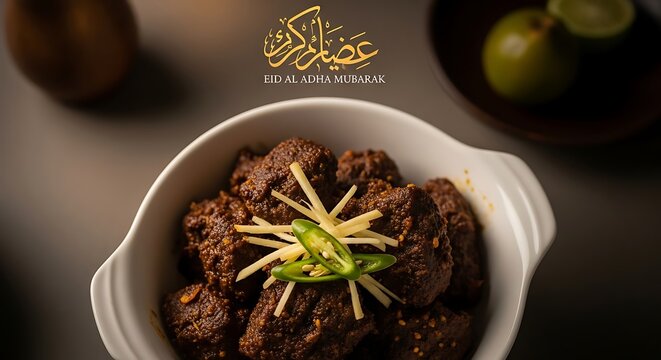 Traditional lamb dish served in a festive white bowl for eid al-adha celebration
