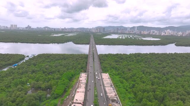 mulund airoli bridge aerial view with mangroves
drone view of mulund airoli link bridge mumbai
aerial shot of bridge over mangrove forest mumbai
mumbai bridge with mangroves top view drone
urban bridg