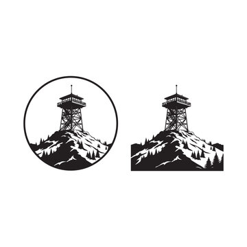 Black and white illustration of a fire lookout tower on a mountain