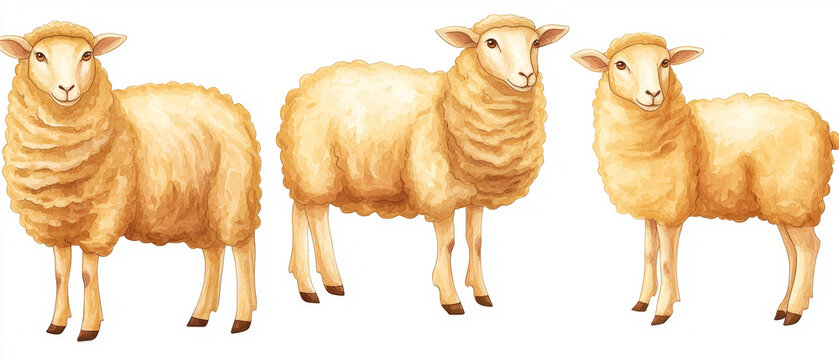 Watercolor illustration of three fluffy light brown sheep, standing full-body, isolated on a clean white background