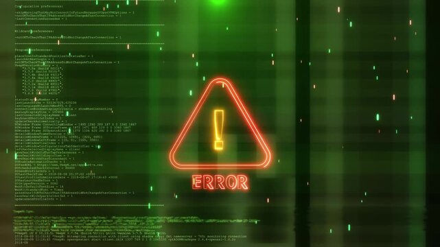 Error Warning Symbol with Glitch Background Technology digital glitch background with warning symbol error message. for system failure, cyber security alerts, data issues or technical problem visuals.