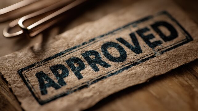 The stamped APPROVED seal on textured parchment paper symbolizes official endorsement and authorization. ..Created with Generative AI, not depicting real subjects.