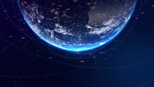 Global network on Earth concept. 3D elements digital earth glowing connections dark starry space background blue tones global internet network Earth. Telecommunication data transfer, connection links,