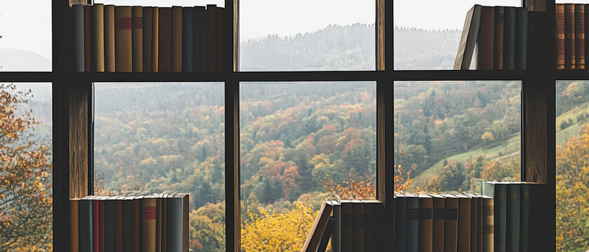 Window framed by rows of vintage books, overlooking a misty, vibrant autumn forest landscape through the glass