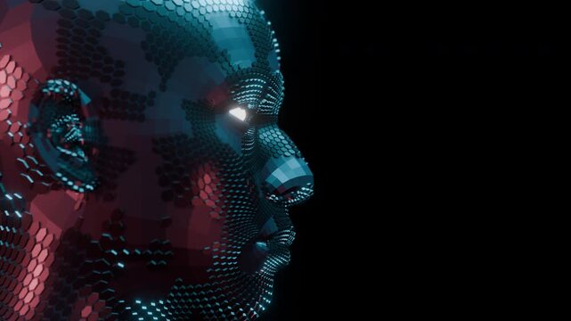 Futuristic Humanoid AI Face in Darkness, Metallic Digital Robot Head