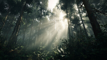 Fototapeta premium dense forest with sun rays filtering through trees, misty atmosphere, lush greenery, ultra realistic photography, cinematic lighting, depth perspective, national geographic style, high detail.