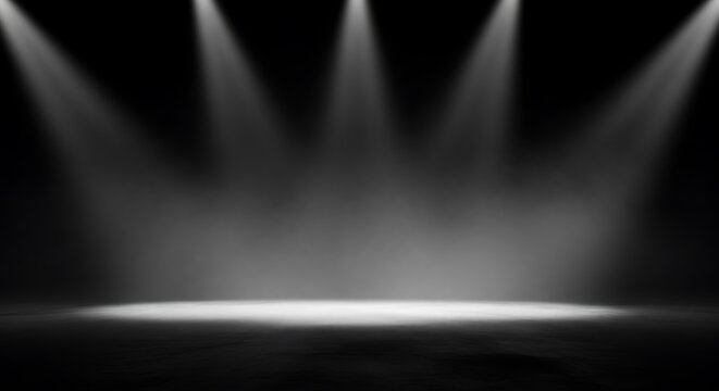 Stage illuminated by multiple spotlights creating a bright central area on a dark background