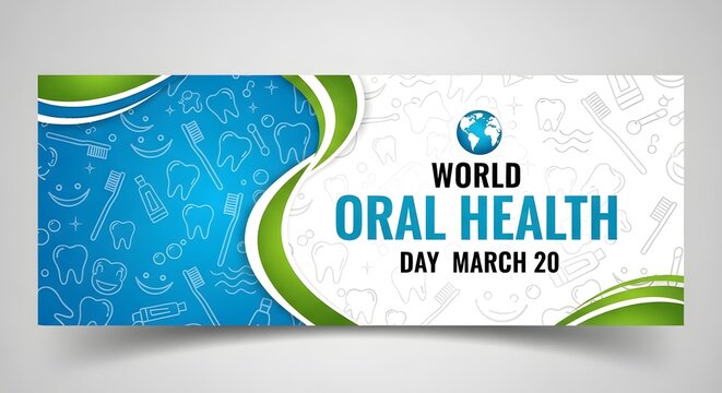 World oral health day march 20 banner with a wavy design and pattern of dental icons